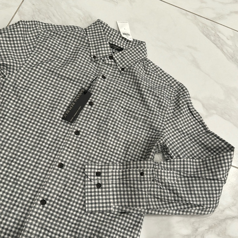 Banana Republic Men Small Gray Luxe Flannel Grant Fit Shirt Gingham Plaid Size S